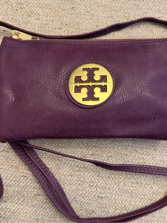 Tory Burch Deep Plum Leather Crossbody/Wristlet with Gold Logo - Picture 1 of 5